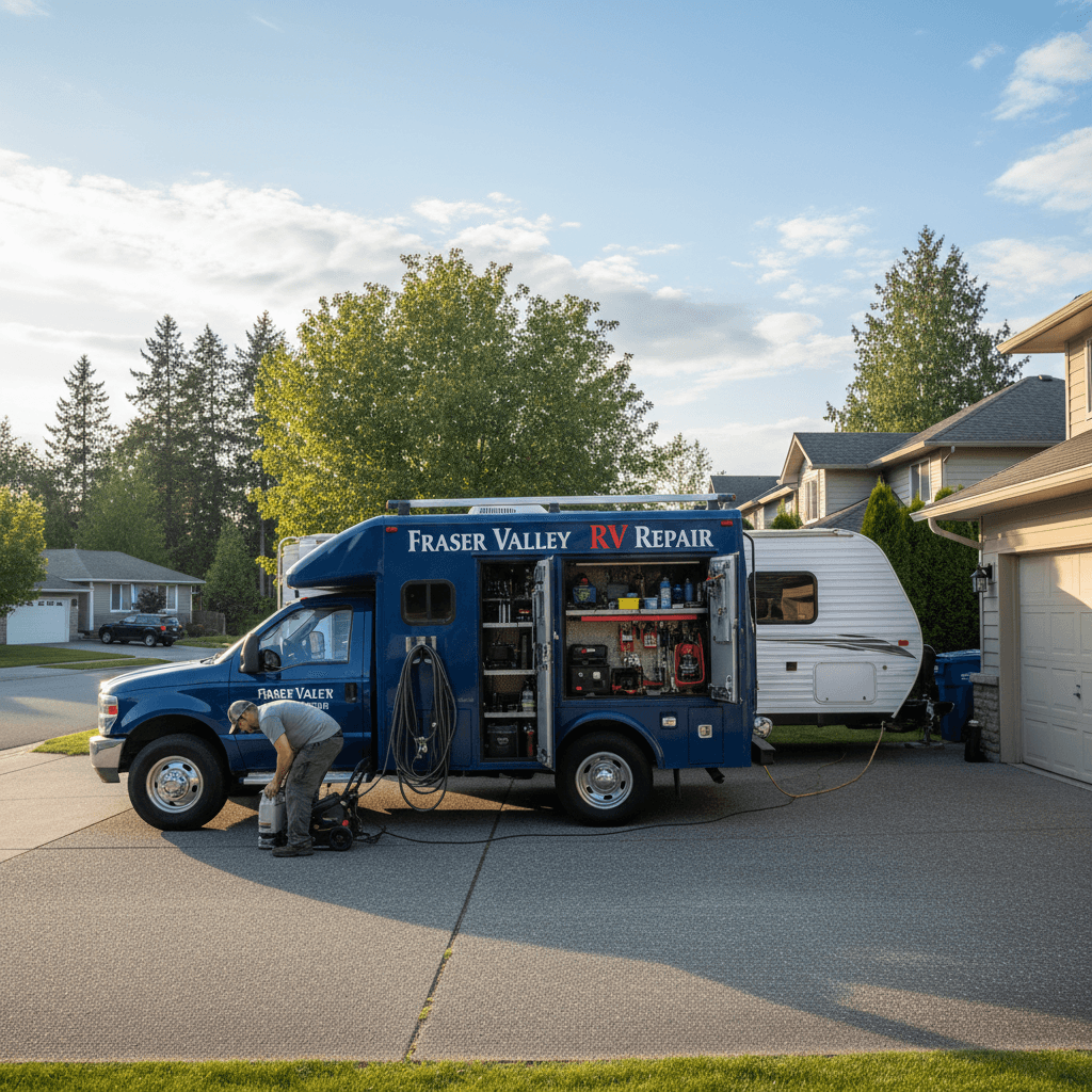 Mobile RV pump out service truck in Abbotsford residential driveway
