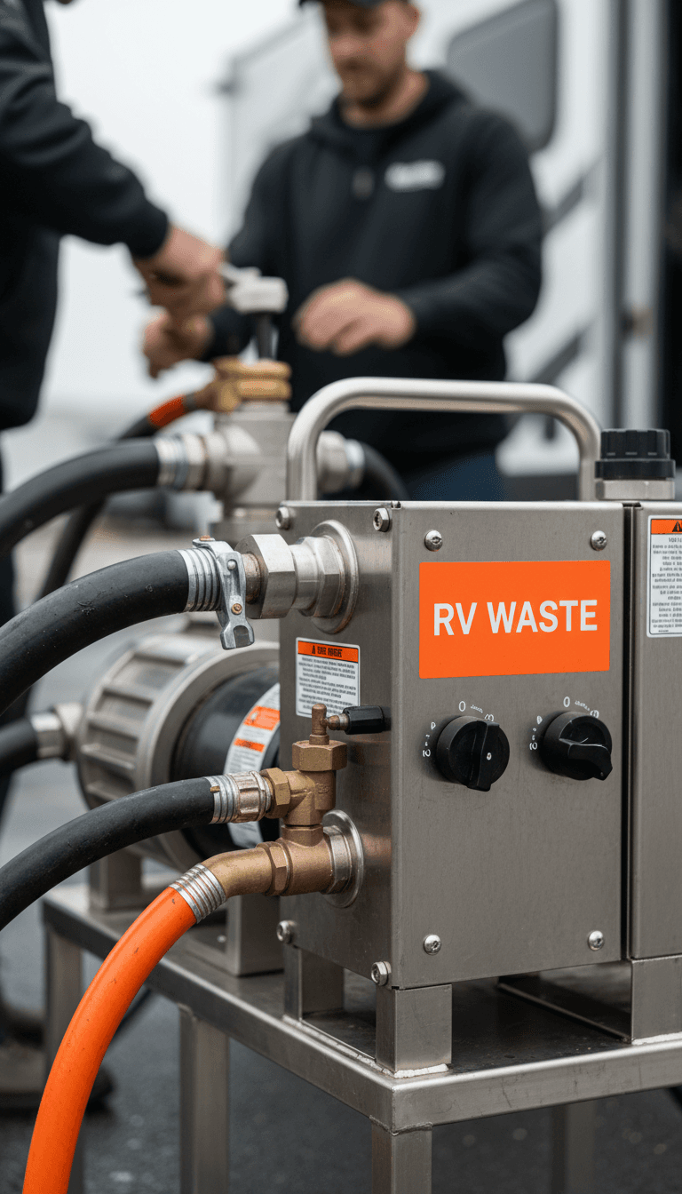 Professional RV blackwater pump out equipment close-up