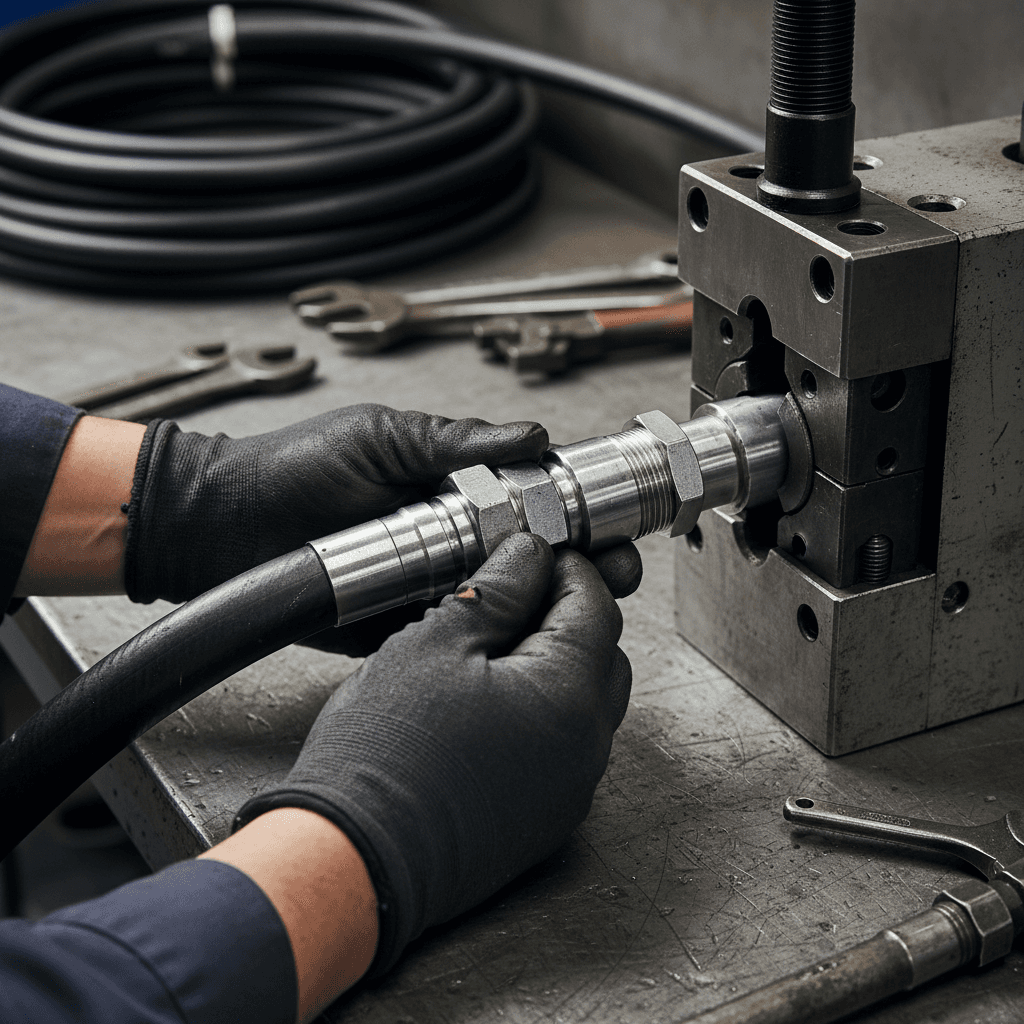 Close-up detail of professional RV waste system connection