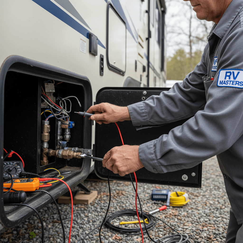 RV pump out service technician operating equipment at customer site